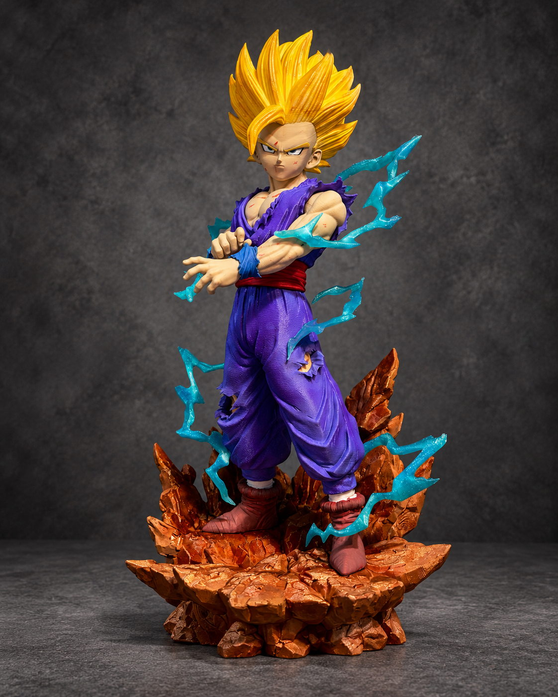 Golden-haired warrior in purple outfit with turquoise lightning and orange rocky base