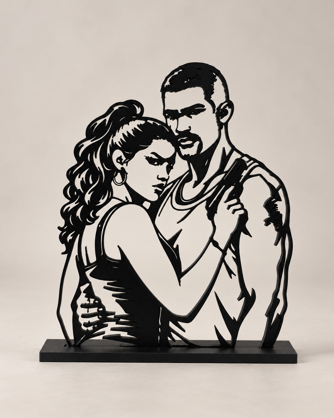 GTA 6 Couple – Embrace – black line-art display on light studio background