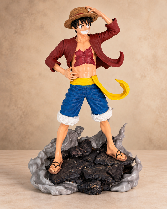 Luffy 31.3 cm statue on black rocky base with grey smoke, professional studio photo