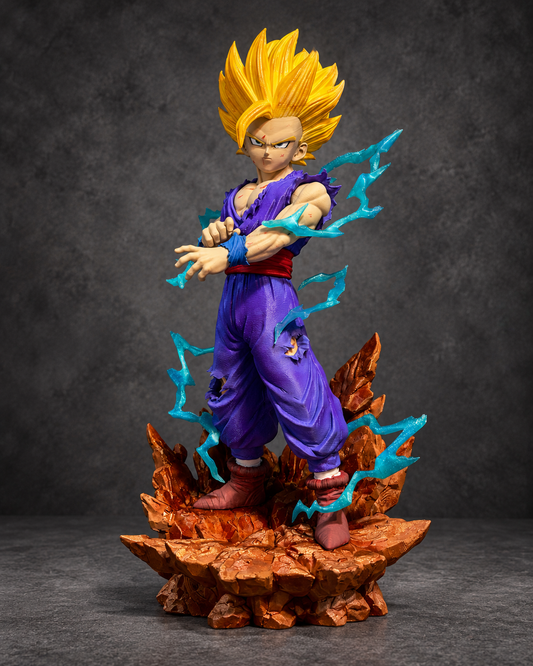 Golden-haired warrior in purple outfit with turquoise lightning and orange rocky base